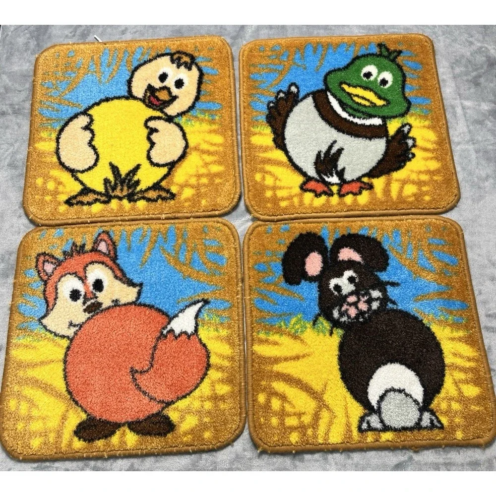 Vintage Retro Cartoon Animal Rugs Set of 7 Fox Duck Pig Bunny Horse Cow Chicken